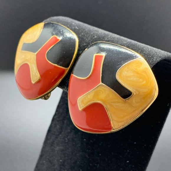 Signed Monet Vintage 1984 Gold Tone Red Black Yellow Enamel Brooch Earrings - Picture 7 of 10